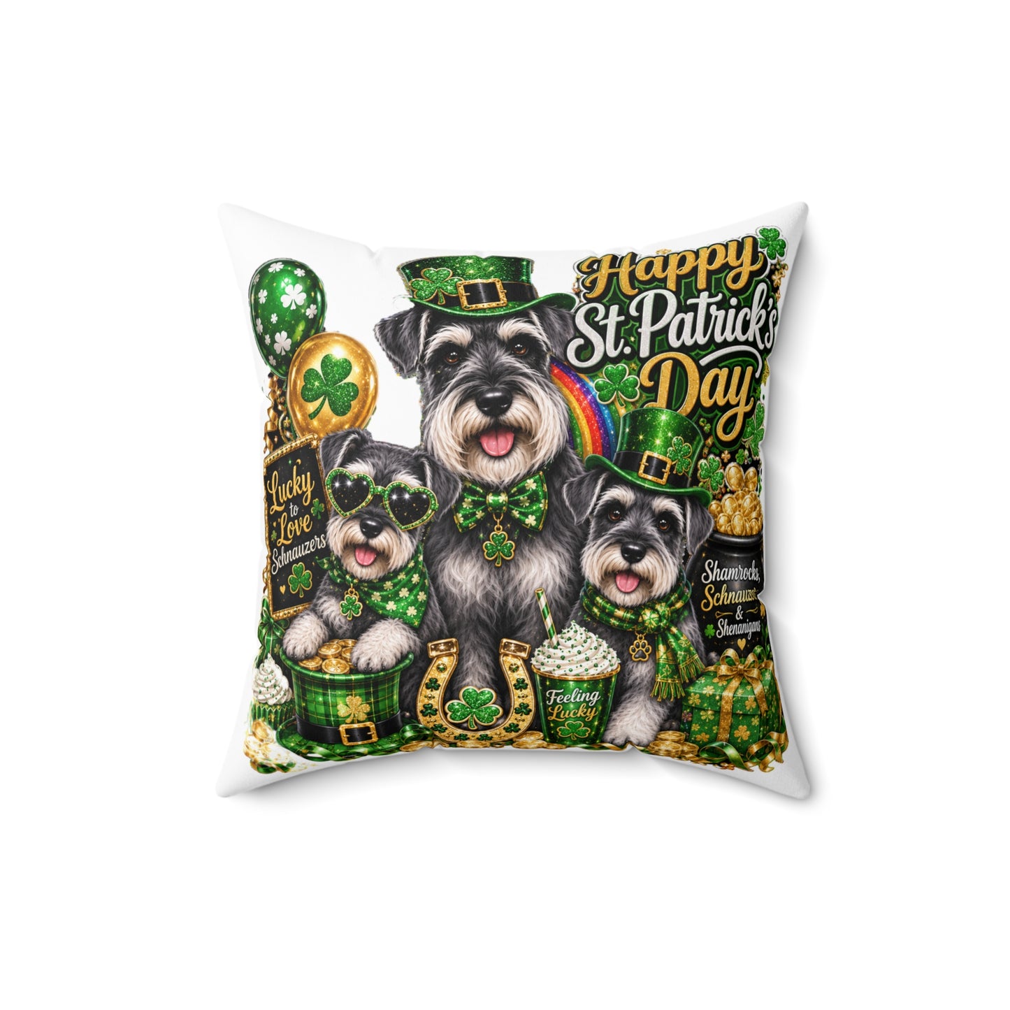 Happy St. Patrick's Day Dogs Decorative Pillow — Shamrock Schnauzer St. Patty’s Throw Pillow