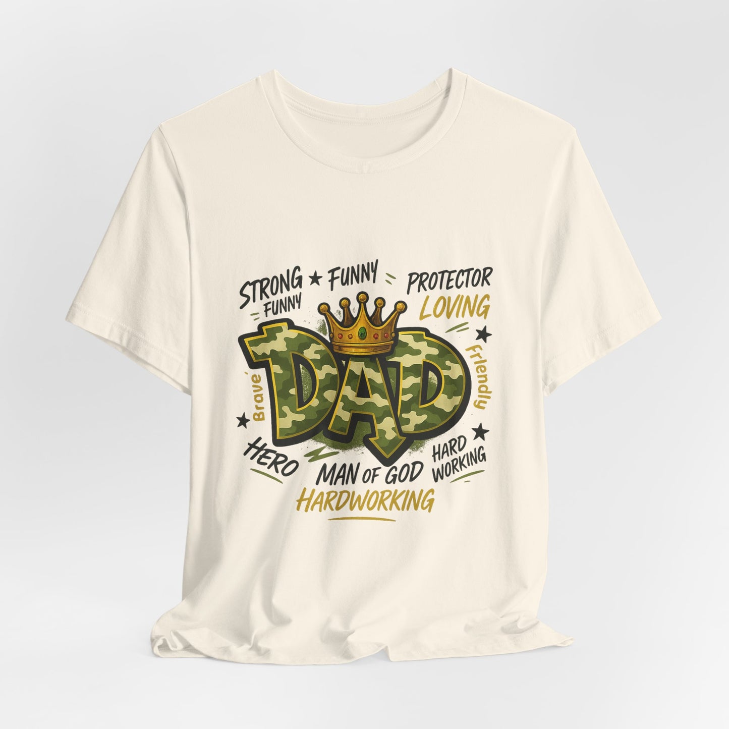 Dad Camo Crown T-Shirt — 'DAD' Graphic with 'Man of God, Hardworking' Father's Day Tee