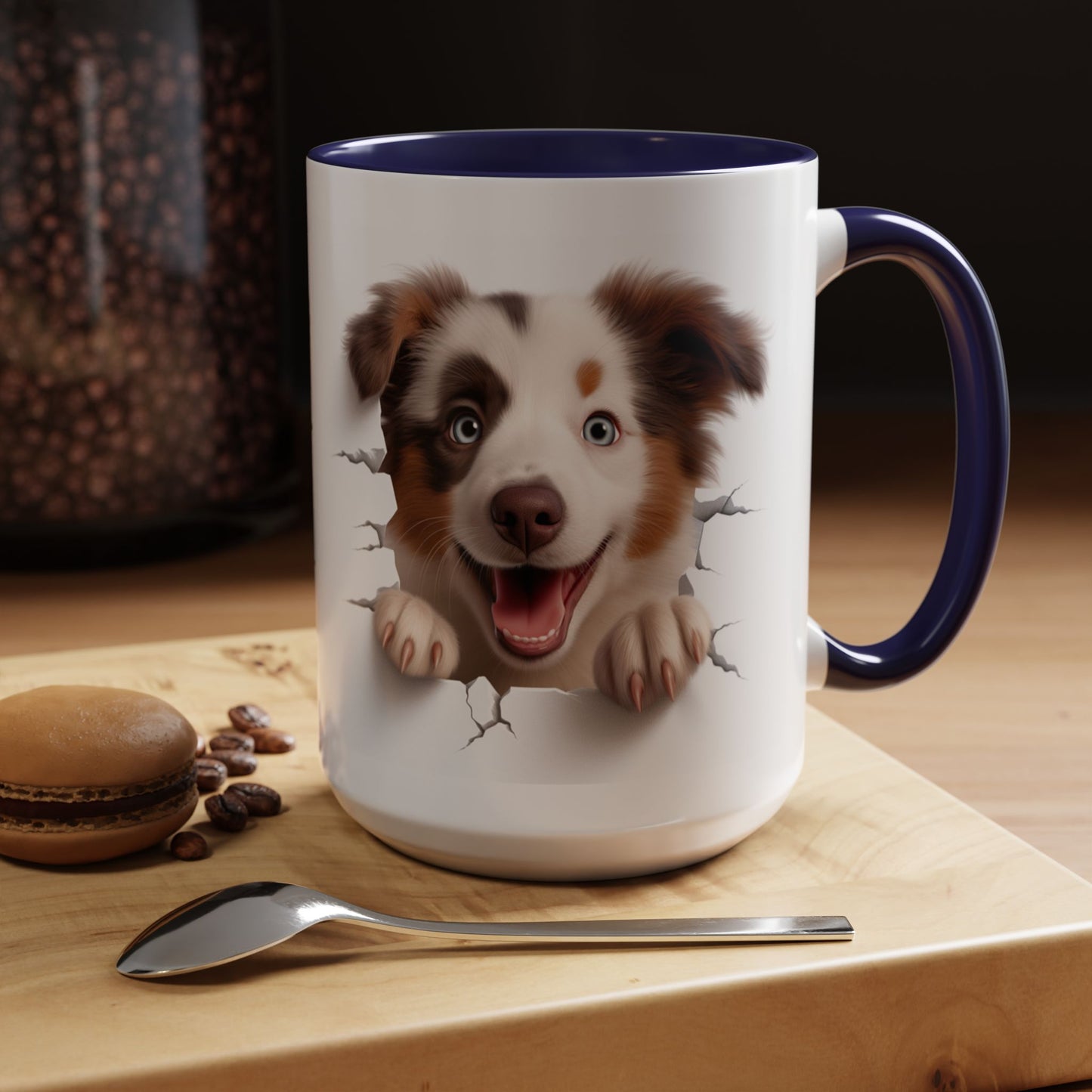Australian Shepherd Peeking Coffee Mug — Cute Puppy Accent Mug (11/15oz)