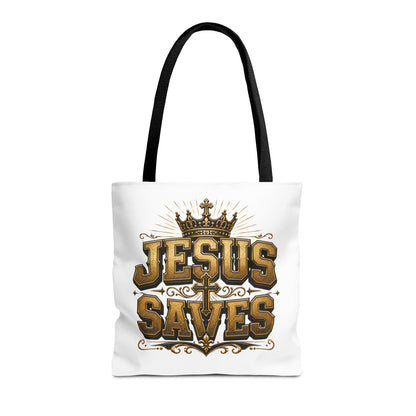 Jesus Saves Tote Bag — Christian Gospel Canvas Carryall with Crown & Cross Design