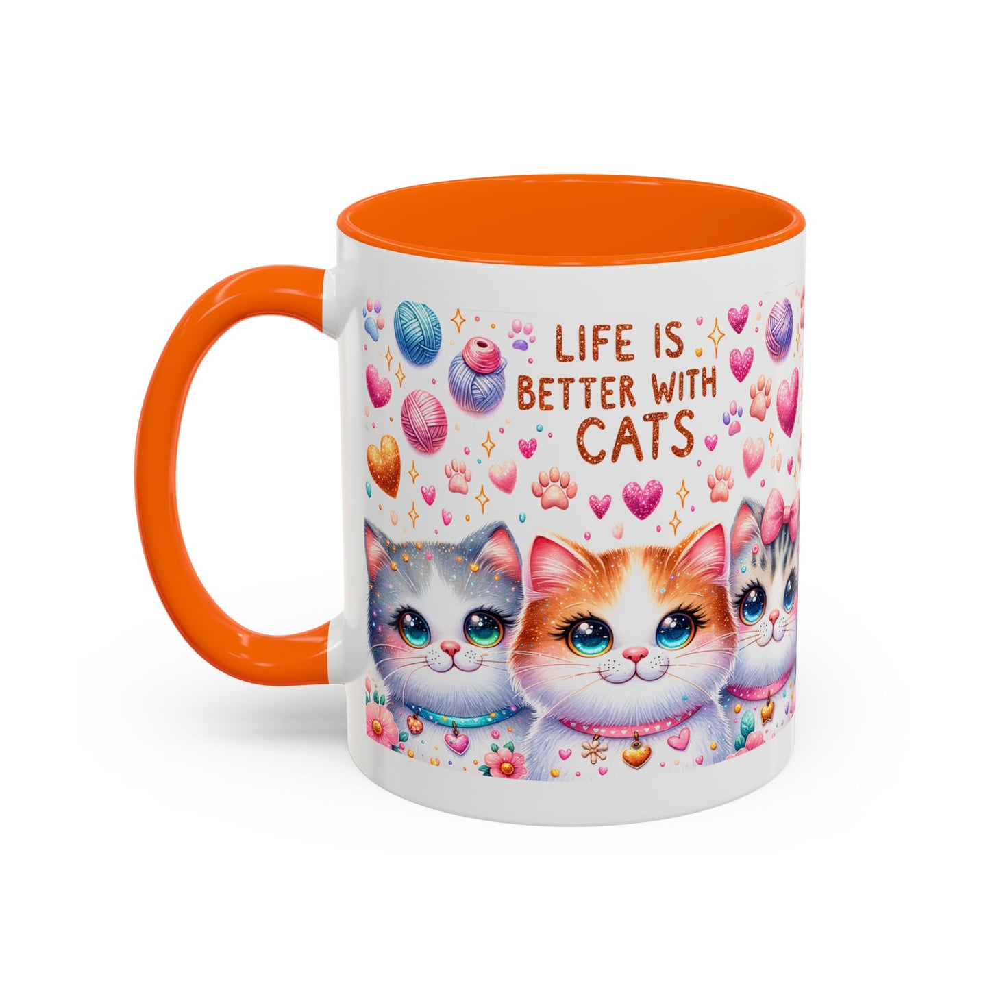 Cat Lover Accent Coffee Mug — "Life Is Better With Cats" Cute Kittens Design (11/15oz)