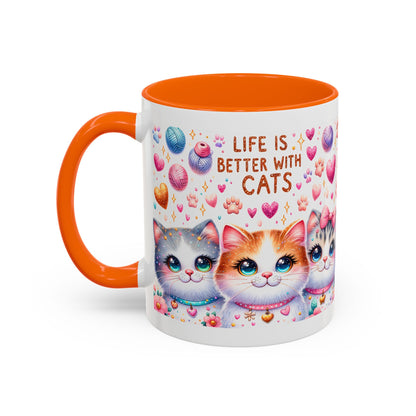 Cat Lover Accent Coffee Mug — "Life Is Better With Cats" Cute Kittens Design (11/15oz)