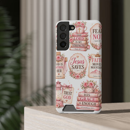 Christian Phone Case with Card Holder — 'Jesus Saves' Floral Scripture Design