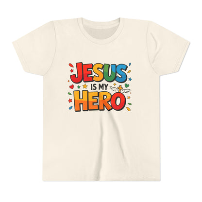 Youth Tee — "Jesus Is My Hero" Colorful Kids Christian T-Shirt