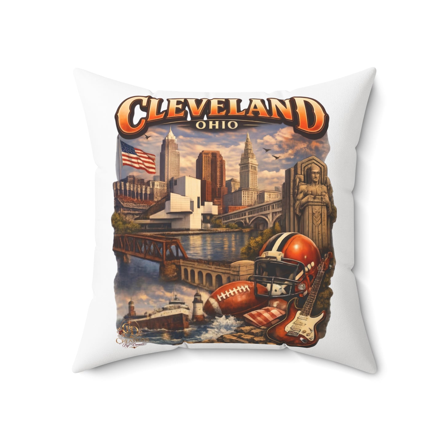 Cleveland Vintage Skyline Throw Pillow – Ohio Cityscape with Football & Rock Icons