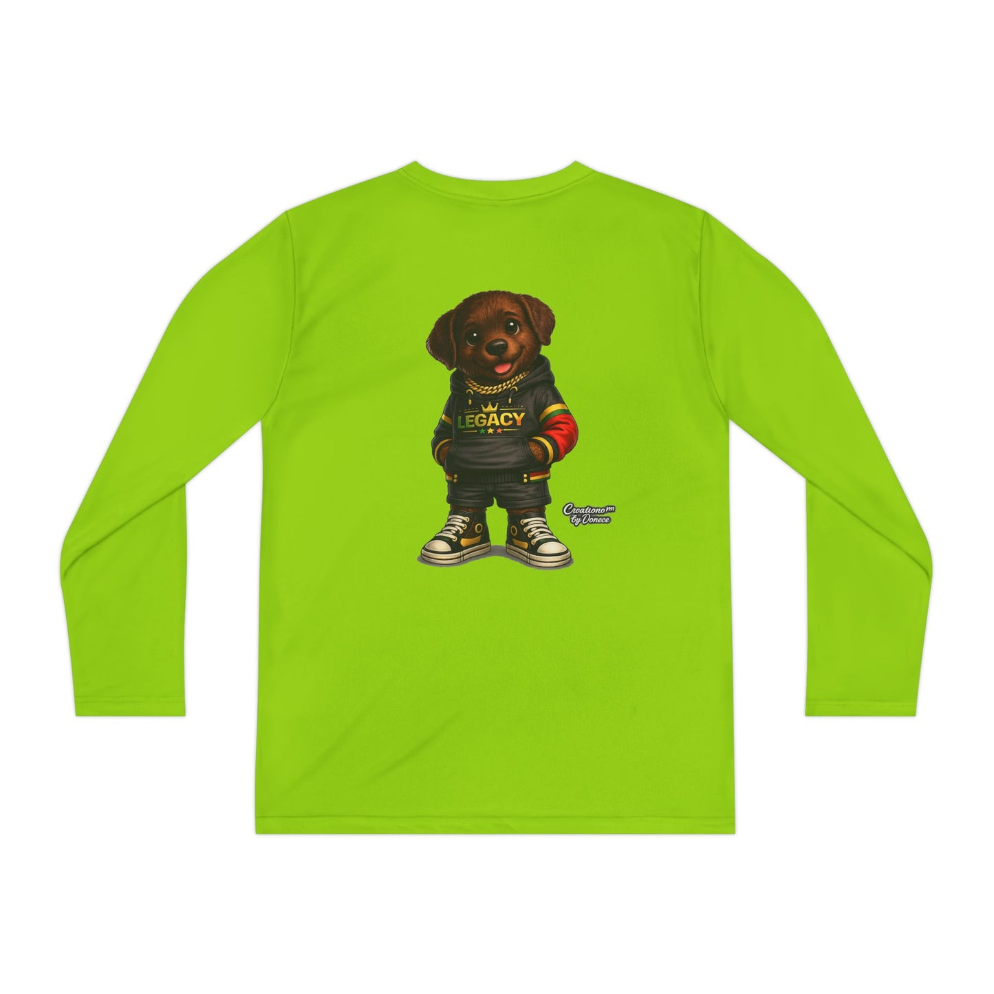 Kids Long Sleeve Tee — Brown Puppy Wearing 'Legacy' Hoodie Graphic