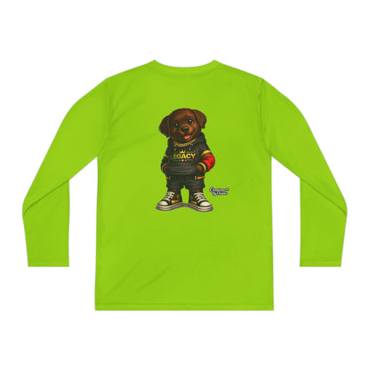 Kids Long Sleeve Tee — Brown Puppy Wearing 'Legacy' Hoodie Graphic