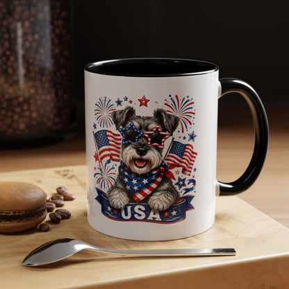 Patriotic Schnauzer Coffee Mug – USA Flag, Fireworks Accent Mug (11/15oz)