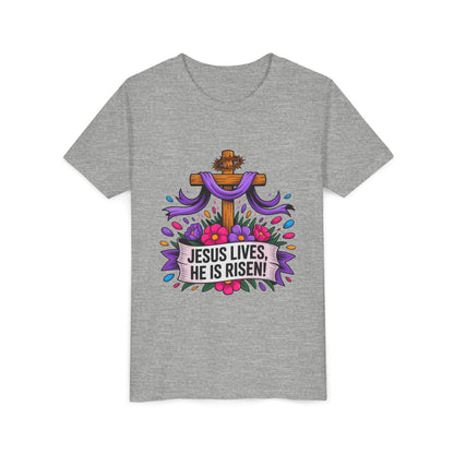 Youth Tee — "Jesus Lives, He Is Risen!" Easter Christian Tee