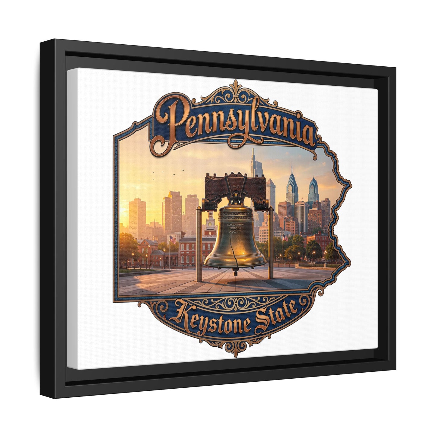 Pennsylvania Keystone State Framed Canvas Wall Art — Liberty Bell & Philadelphia Skyline