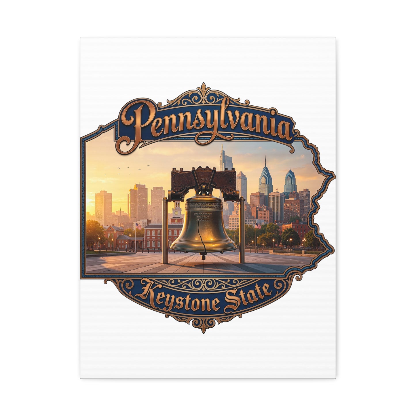 Pennsylvania Keystone State Canvas Wall Art – Liberty Bell & Philadelphia Skyline