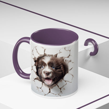Puppy Breakthrough Accent Coffee Mug (11/15oz) — Cute Dog Face Cracked Wall Design
