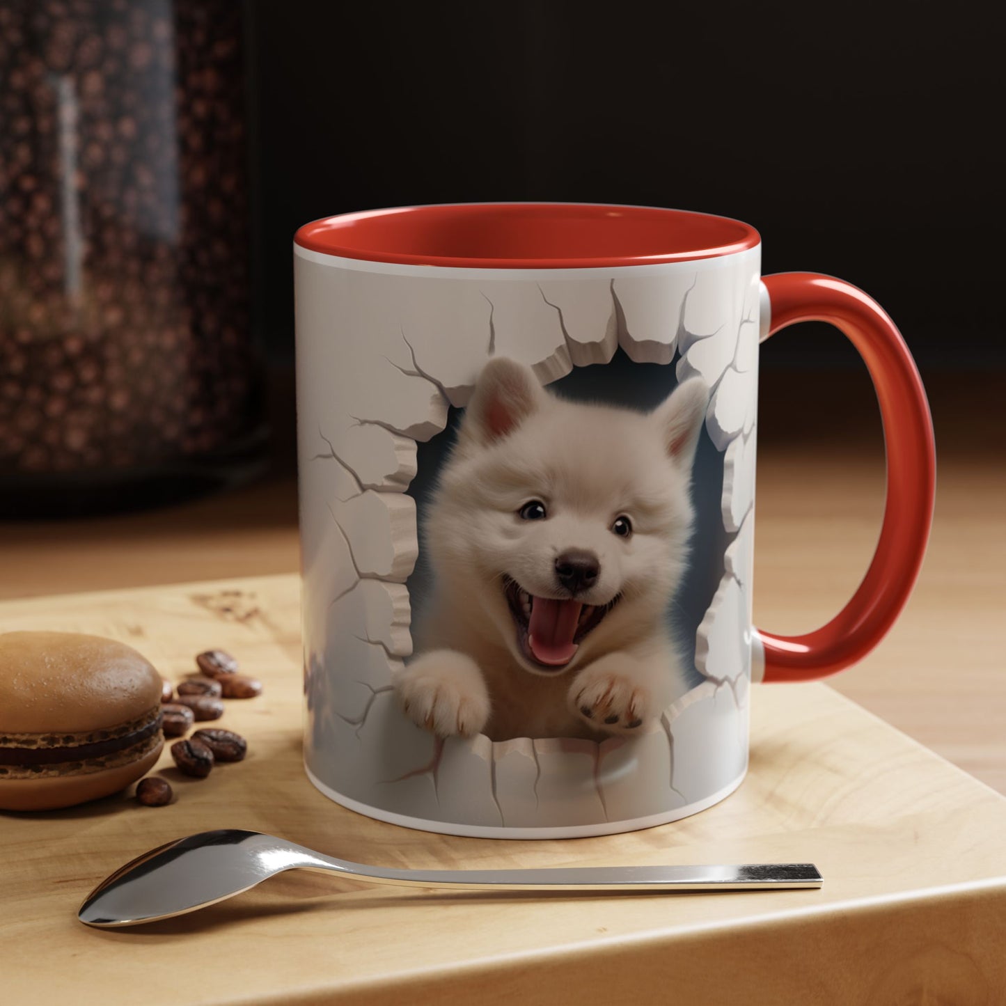 Cute Puppy Breaking Wall Accent Coffee Mug – Funny Smiling Dog Gift (11/15oz)