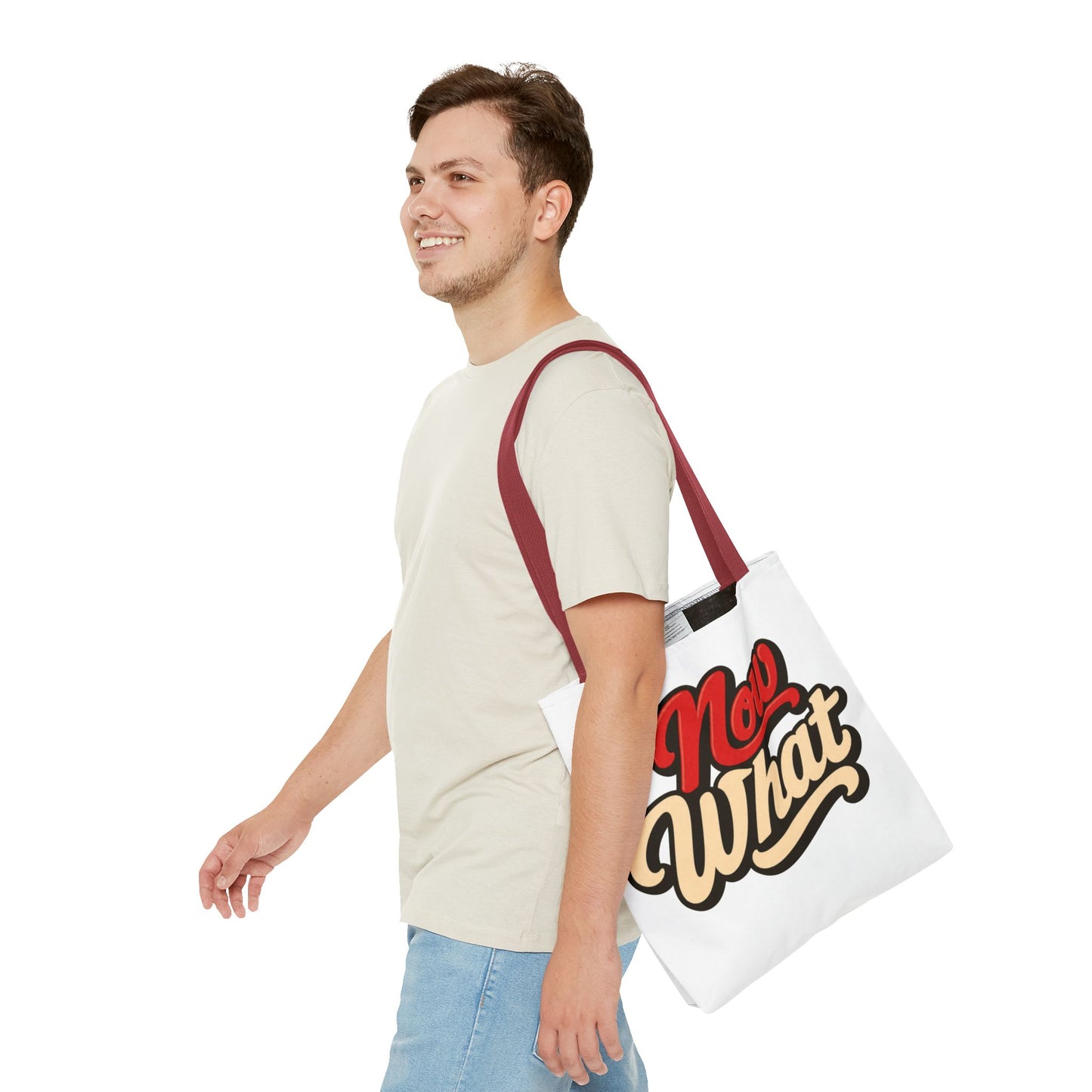 Now What Tote Bag — Retro Script Graphic Tote for Everyday Use