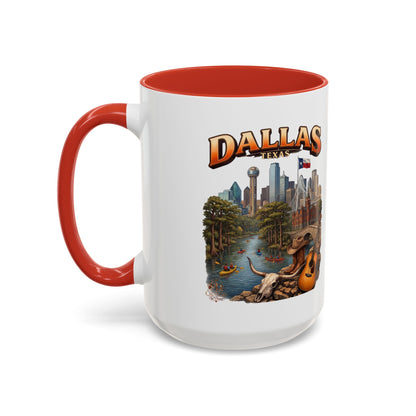Dallas Skyline Accent Coffee Mug — Texas Souvenir Mug with Guitar & Cityscape
