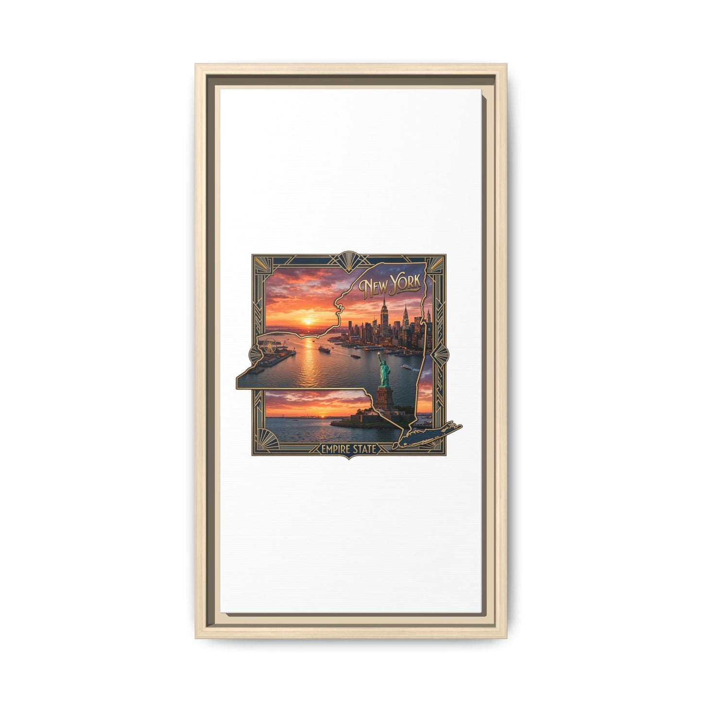 Framed Matte Canvas Wall Art — New York City Sunset Skyline with Statue of Liberty