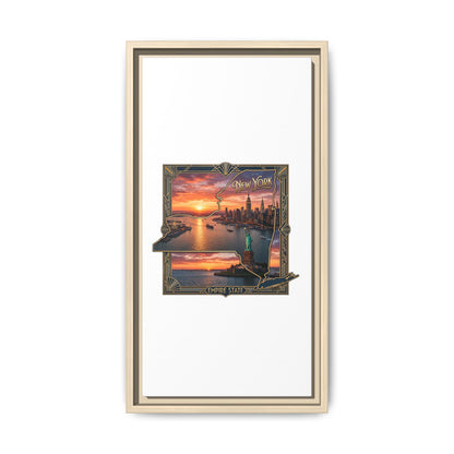 Framed Matte Canvas Wall Art — New York City Sunset Skyline with Statue of Liberty
