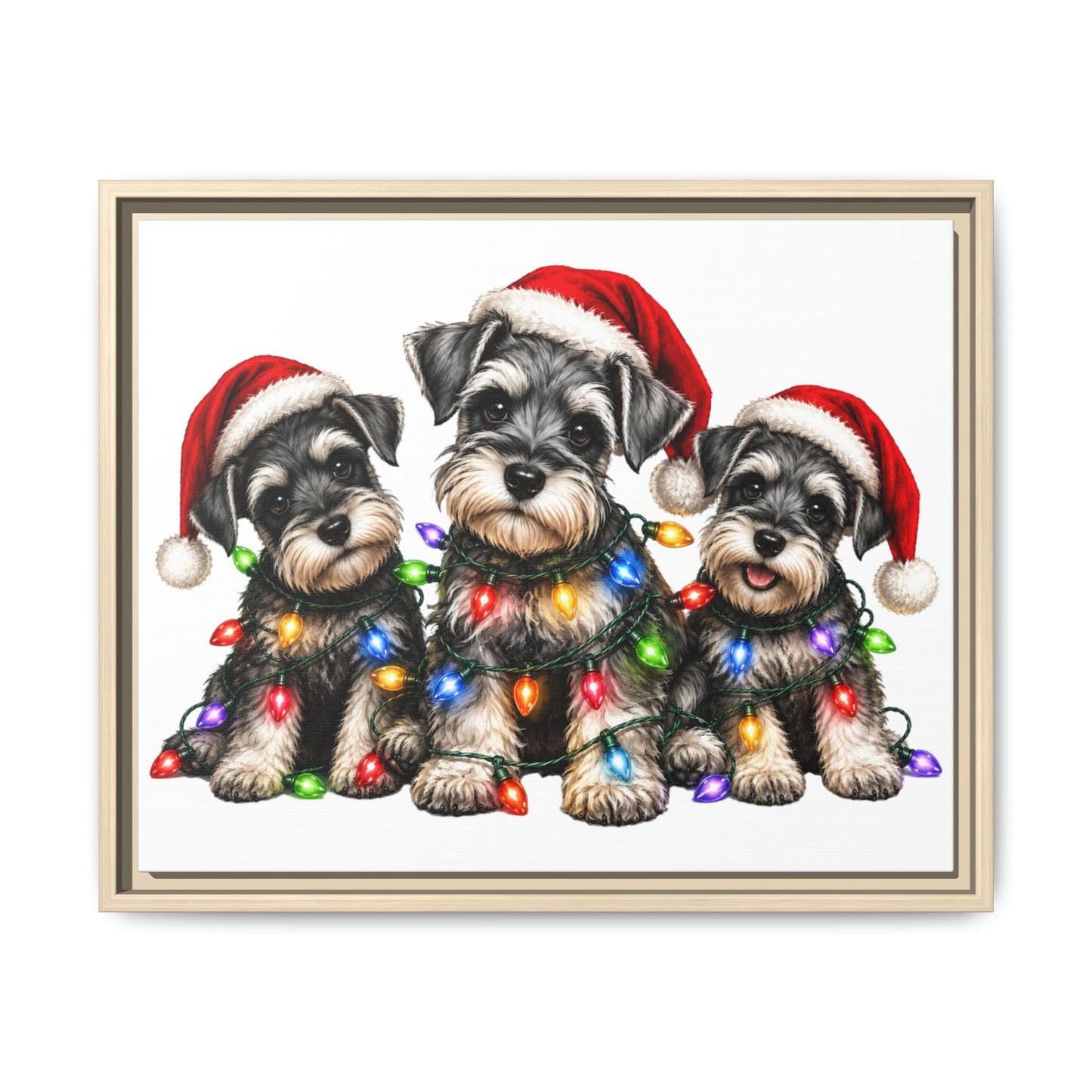 Christmas Schnauzer Canvas Print — Festive Puppies in Santa Hats (Matte Framed)
