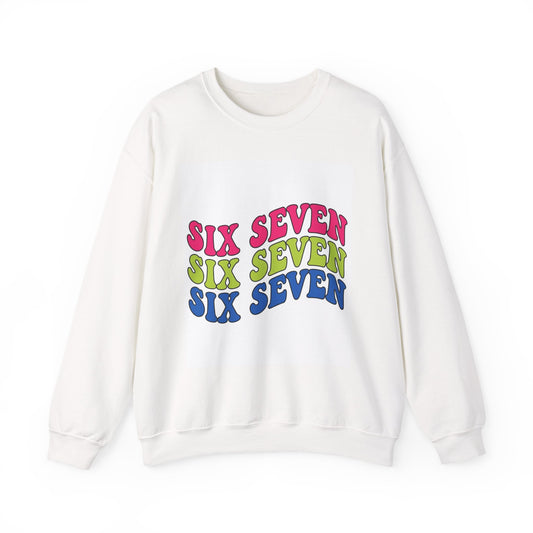 Retro "Six Seven" Graphic Crewneck Sweatshirt — Colorful Wavy Text Pullover