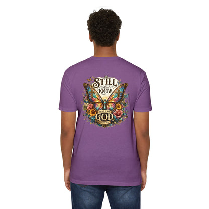 Christian Butterfly T-Shirt — "Be Still and Know That I Am God" Inspirational Tee