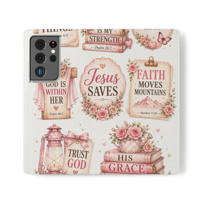 Christian Floral Phone Flip Case — "Jesus Saves" & Inspirational Scripture Wallet Cover