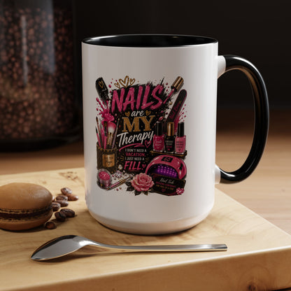 Coffee Mug — "Nails Are My Therapy" Pink Nail Tech Gift