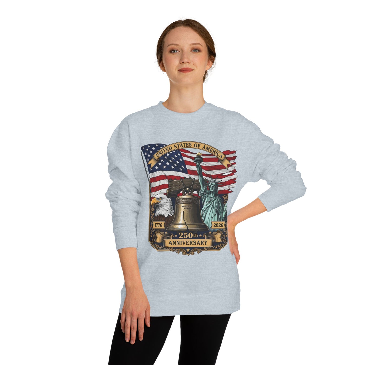 Liberty 250th Anniversary Sweatshirt — USA Flag, Statue of Liberty & Liberty Bell Design