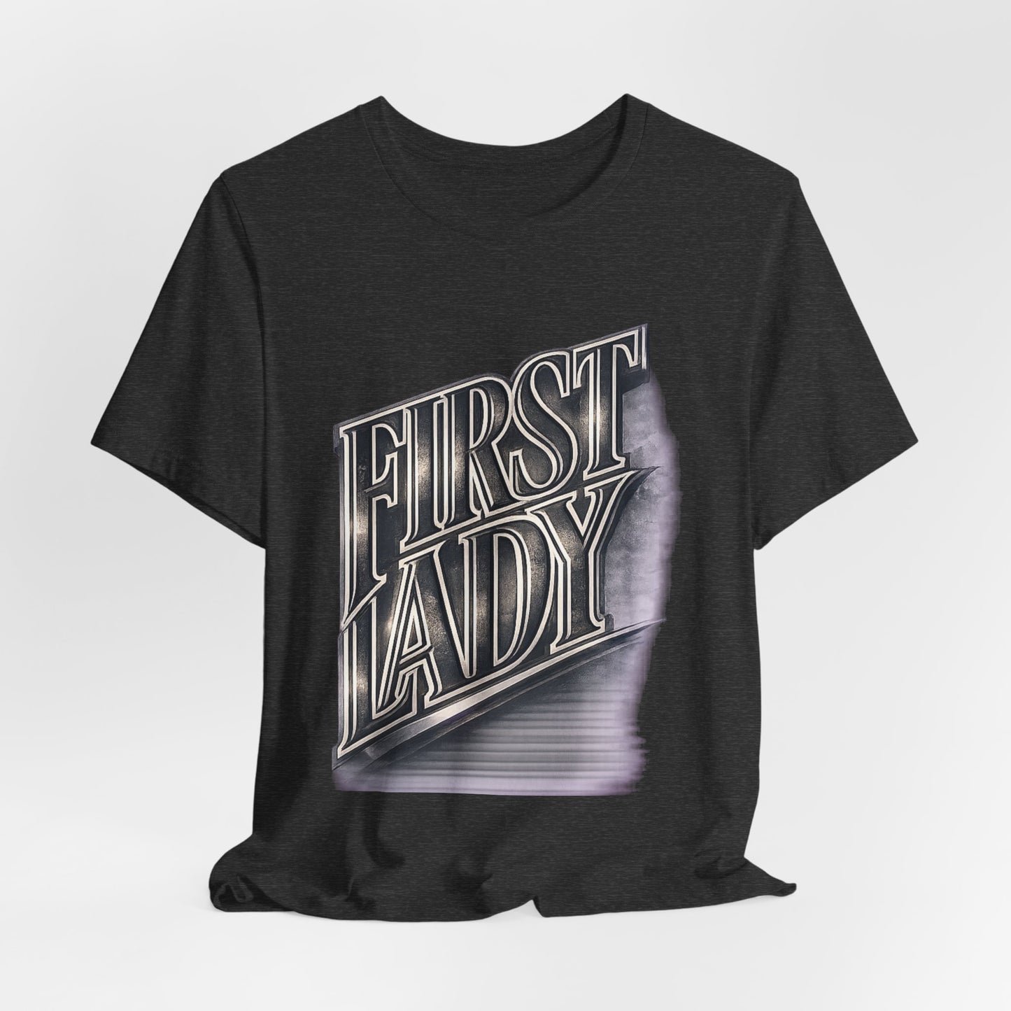 First Lady Graphic Tee — Retro Metallic Script Short Sleeve Shirt