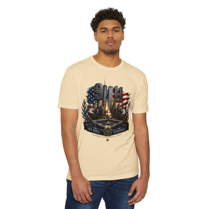 9/11 Never Forget Memorial T-Shirt — Tribute American Flag Skyline Tee