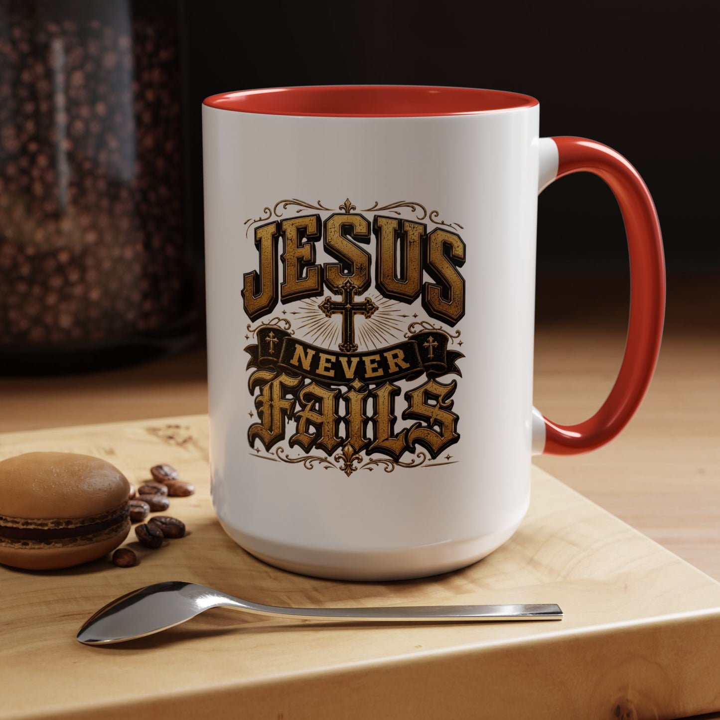 Jesus Never Fails Accent Coffee Mug — Inspirational Christian Faith 11/15oz