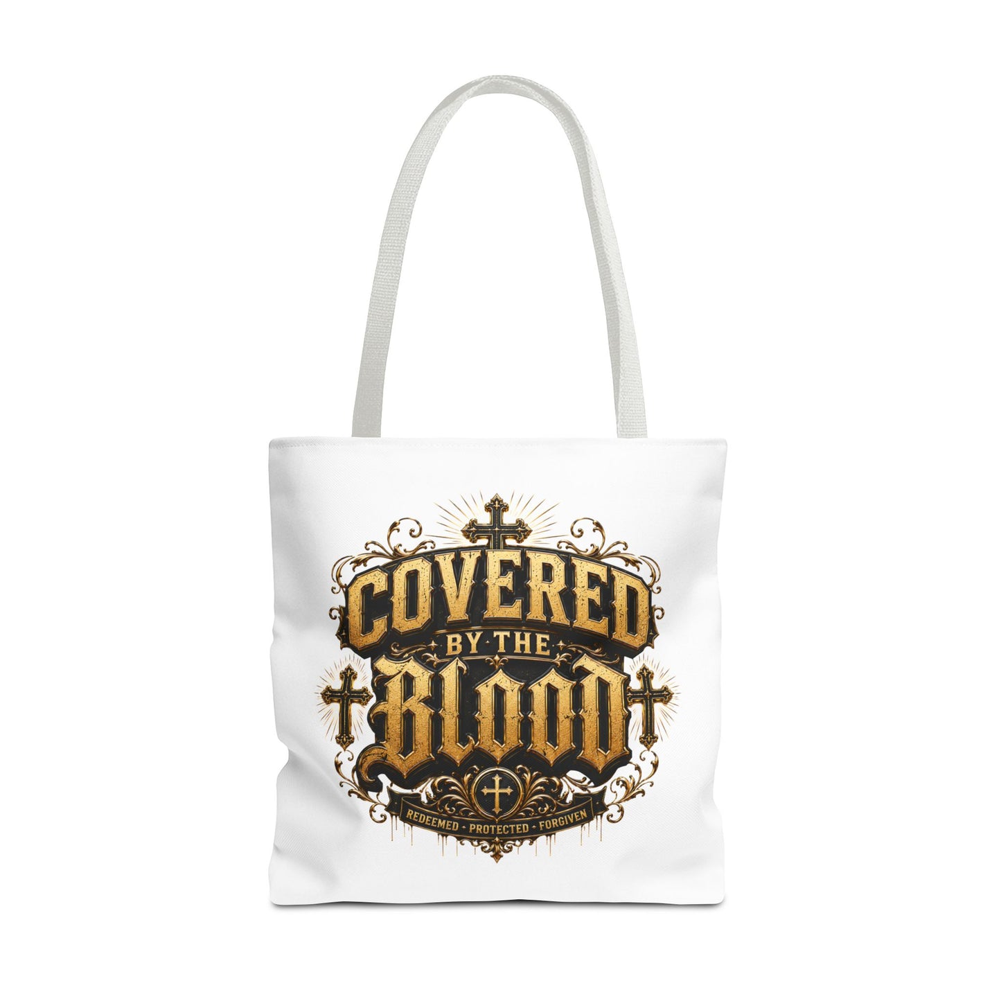 Covered by the Blood Tote Bag — Christian Cross Faith Canvas Tote