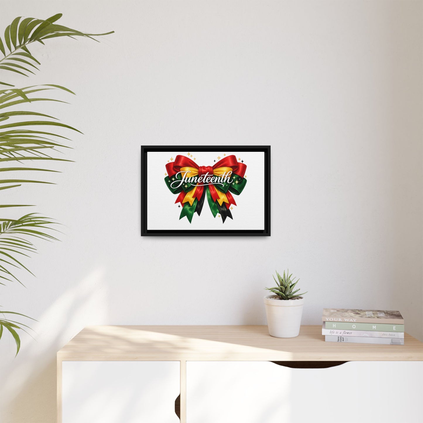 Juneteenth Framed Canvas Print – Festive Red, Green & Gold Ribbon Wall Art
