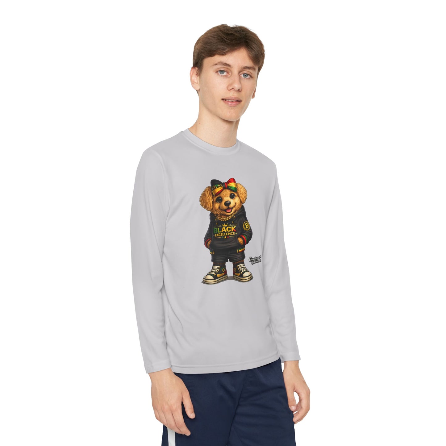 Youth Long Sleeve Tee — Trendy Bear Graphic "Black Excellence"
