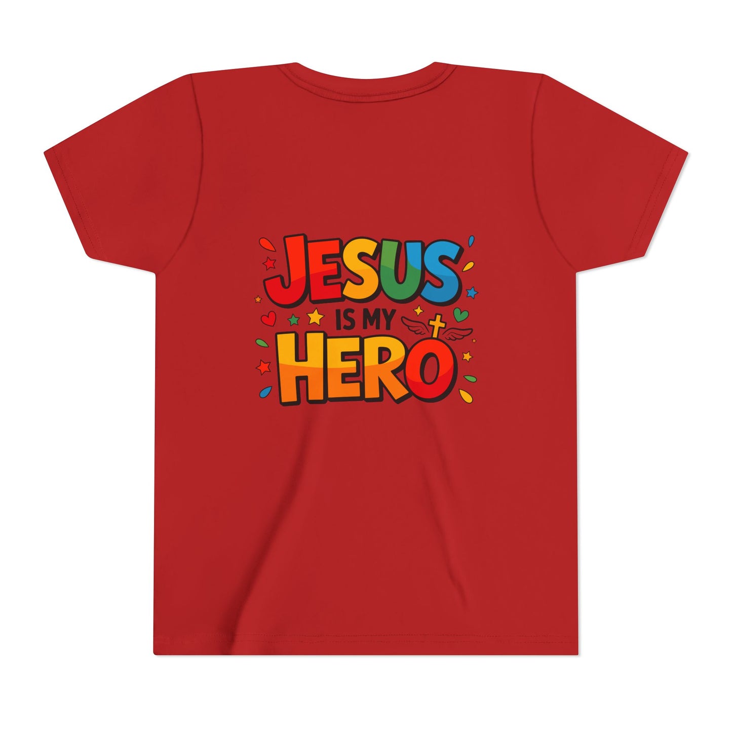 Youth Tee — "Jesus Is My Hero" Colorful Kids Christian T-Shirt