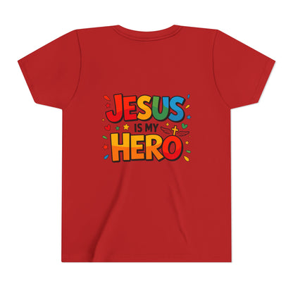 Youth Tee — "Jesus Is My Hero" Colorful Kids Christian T-Shirt