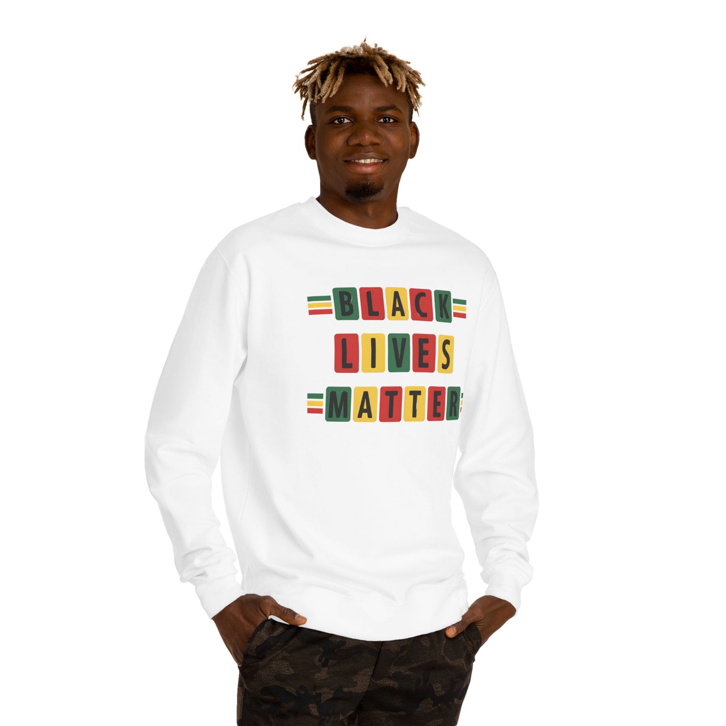 Black Lives Matter Crewneck Sweatshirt — Pan-African Block Letter Design