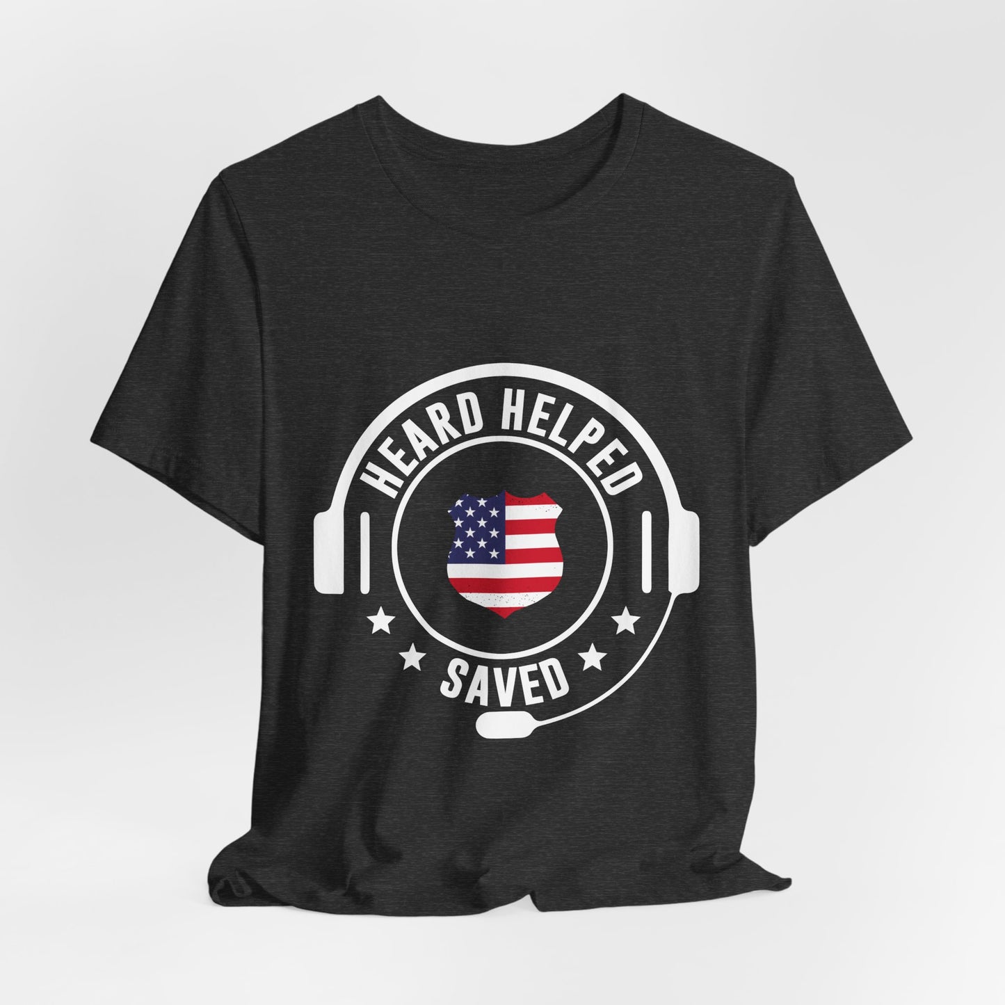 Headset Logo T-Shirt — "Heard Helped Saved" American Flag Design