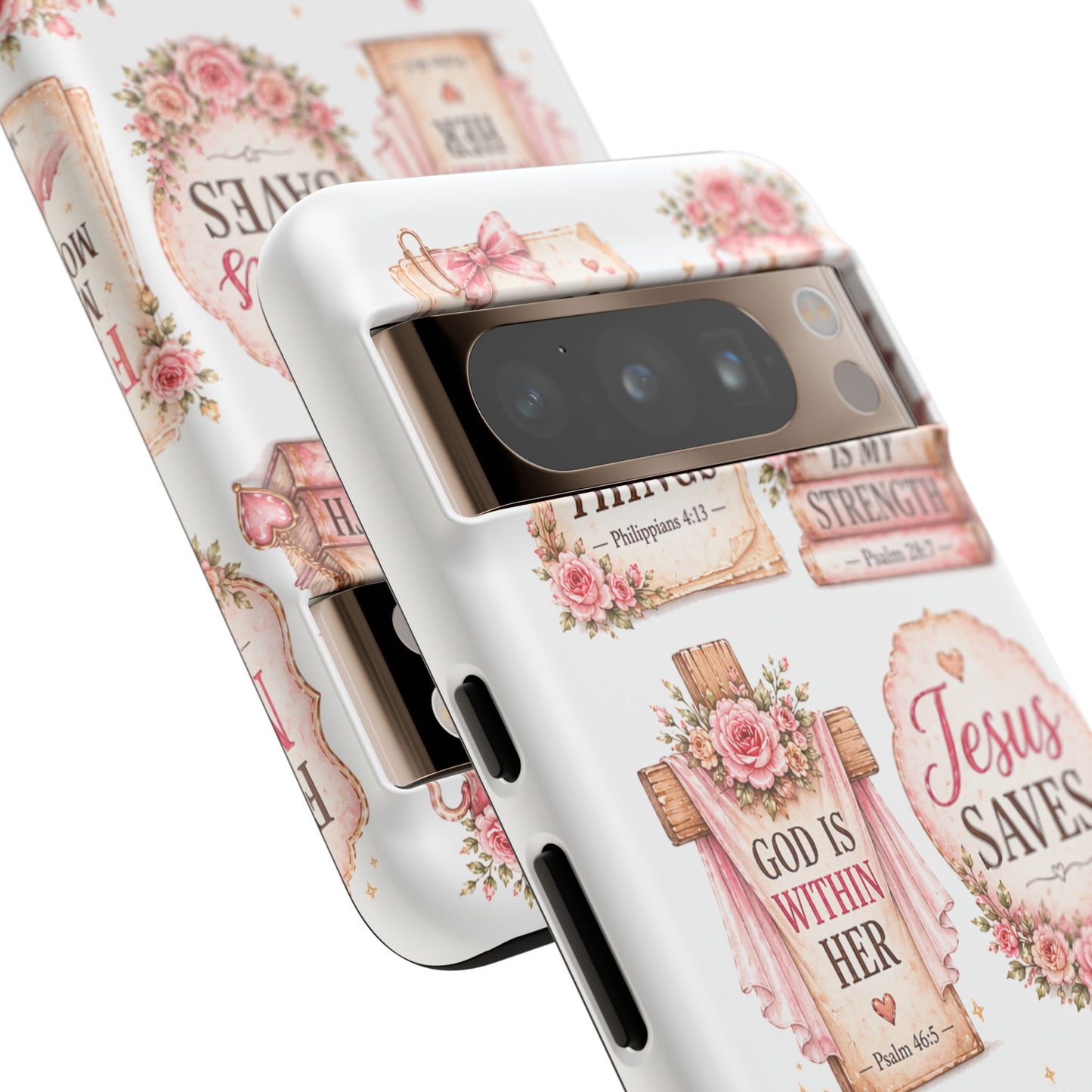 Christian Phone Case — Jesus Saves Floral Tough Case with 'God Is Within Her' & 'Trust God' Design