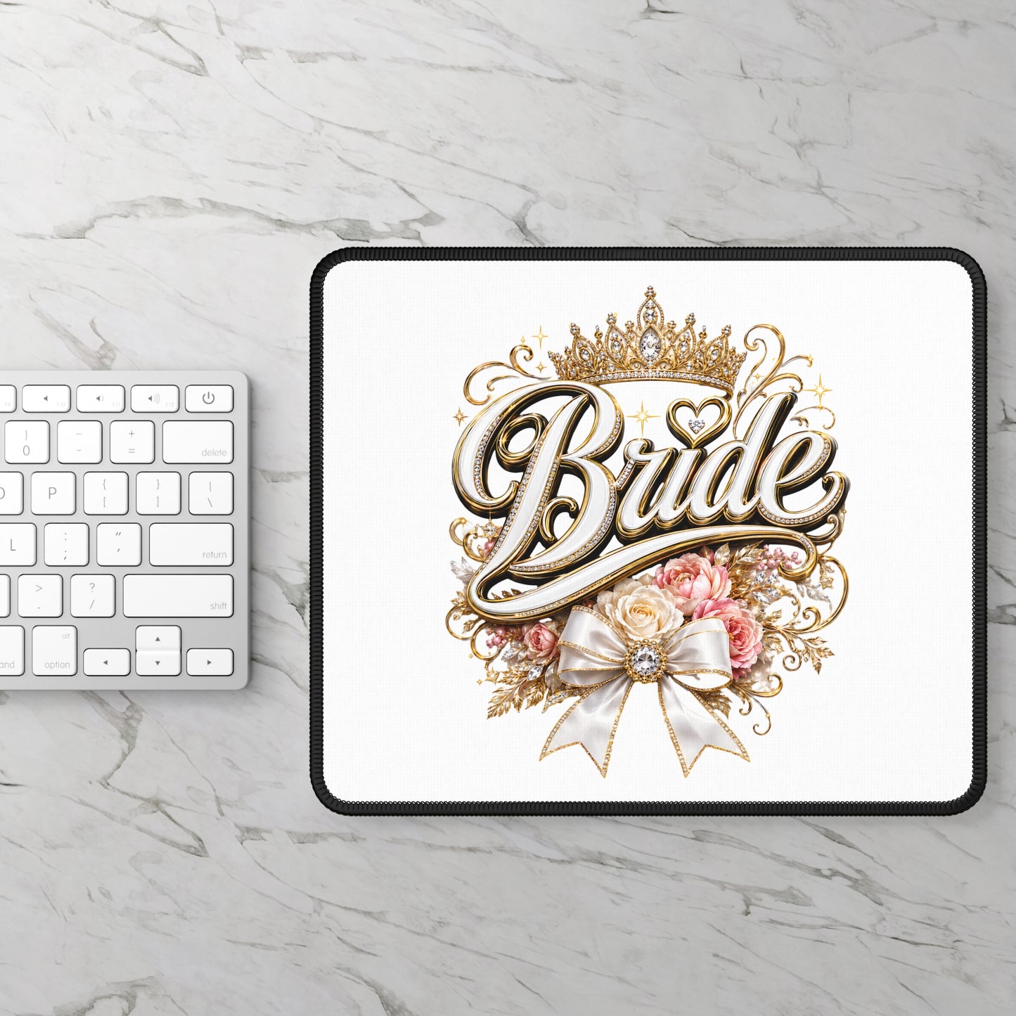 Bride Gaming Mouse Pad — Elegant Gold Crown, Floral & Ribbon Bridal Desk Mat