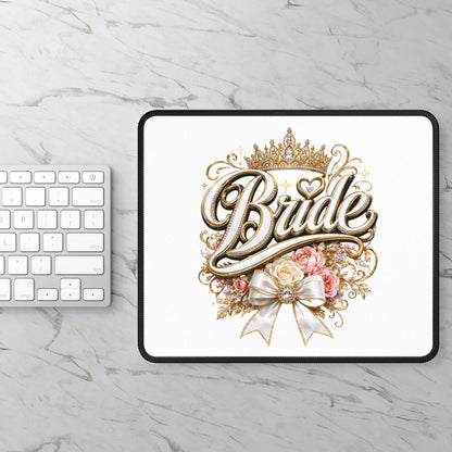 Bride Gaming Mouse Pad — Elegant Gold Crown, Floral & Ribbon Bridal Desk Mat