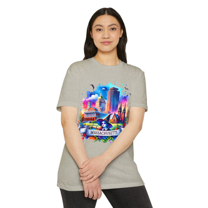 Massachusetts Watercolor Cityscape T-Shirt — Colorful State Landmark Tee