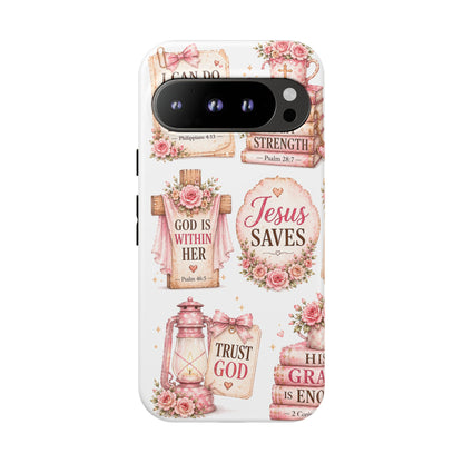 Christian Phone Case — Jesus Saves Floral Tough Case with 'God Is Within Her' & 'Trust God' Design