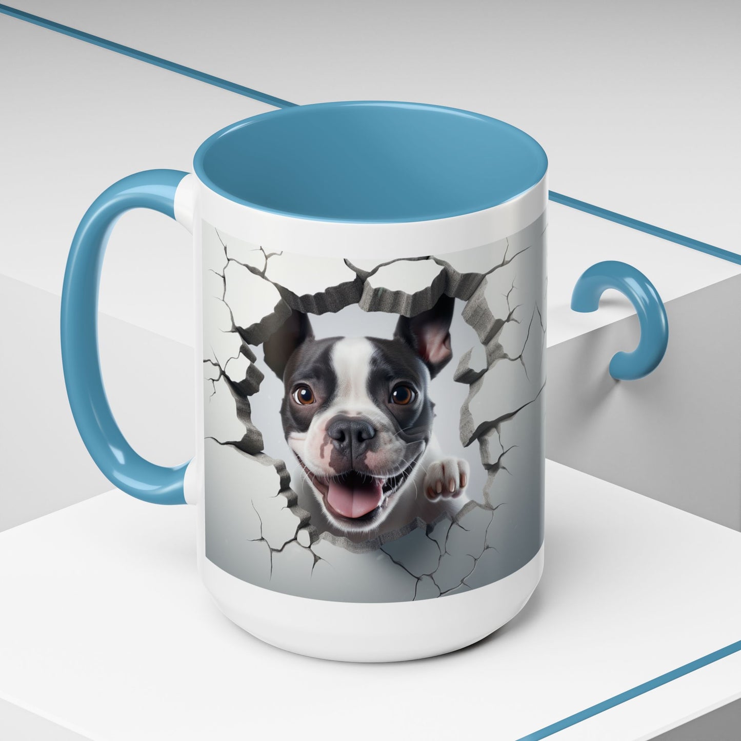 Coffee Mug — Happy Boston Terrier Breaking Through Design (Accent 11/15oz)