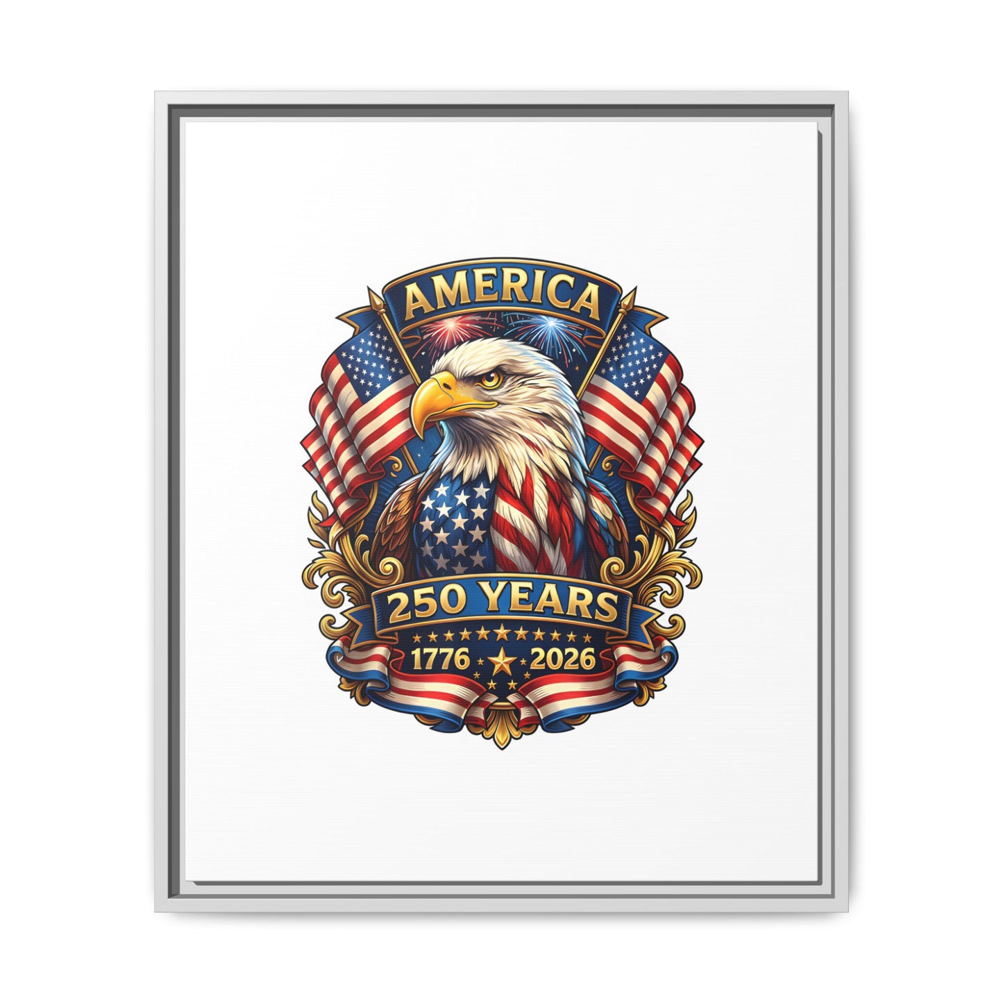 America 250th Anniversary Framed Canvas — Patriotic Bald Eagle Wall Art