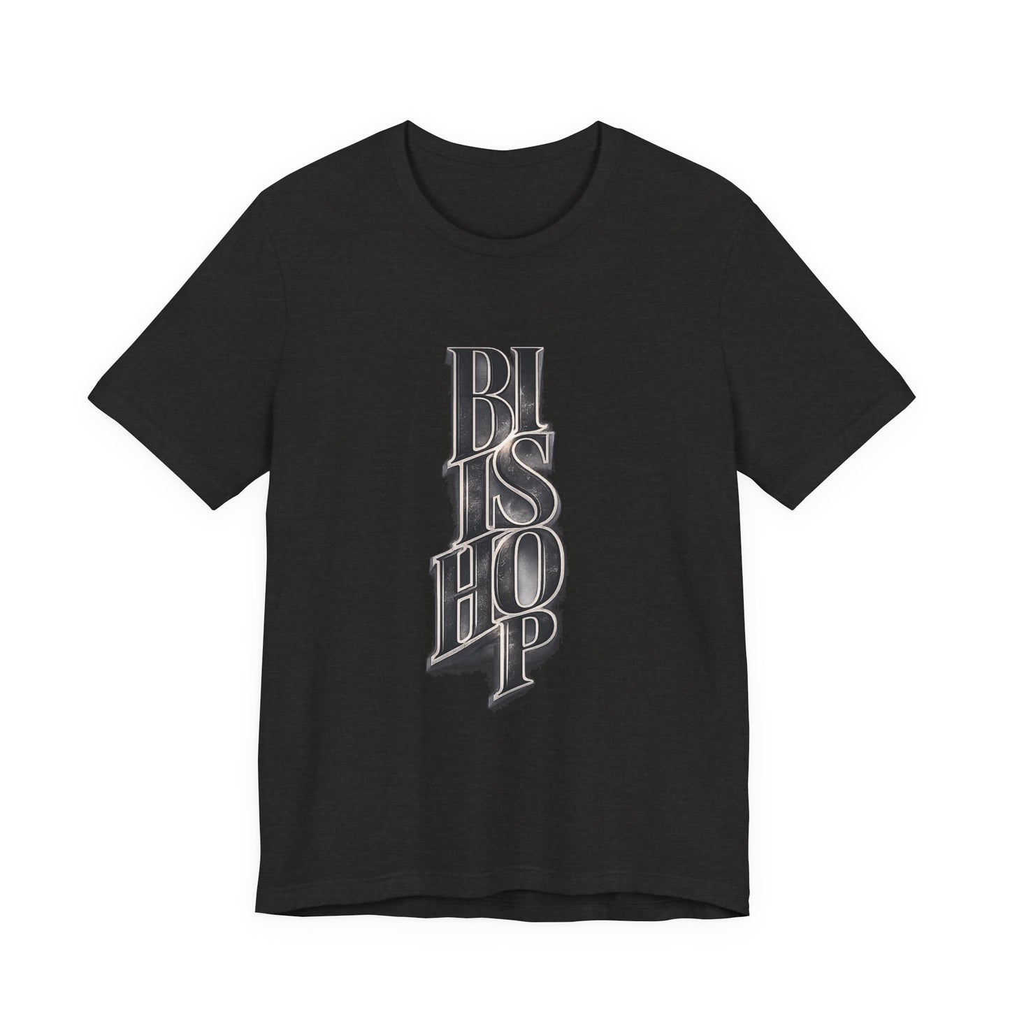 Bishop Vertical Script Tee — Vintage Gothic Lettering T-Shirt