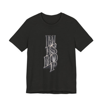 Bishop Vertical Script Tee — Vintage Gothic Lettering T-Shirt