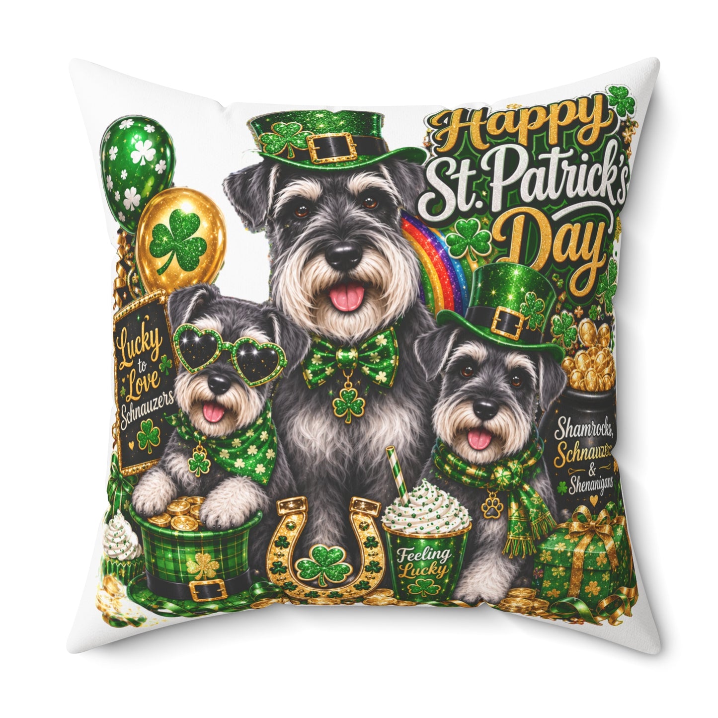 Happy St. Patrick's Day Dogs Decorative Pillow — Shamrock Schnauzer St. Patty’s Throw Pillow