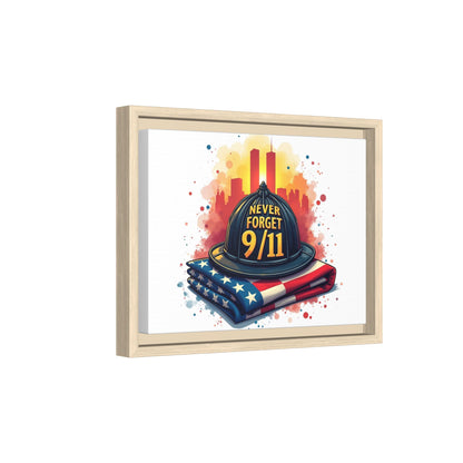 Never Forget 9/11 Framed Canvas Print — Firefighter Helmet & American Flag Memorial Art