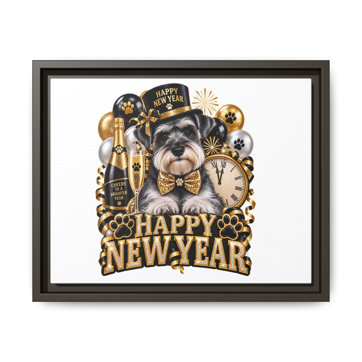 Happy New Year Schnauzer Matte Canvas Framed Art