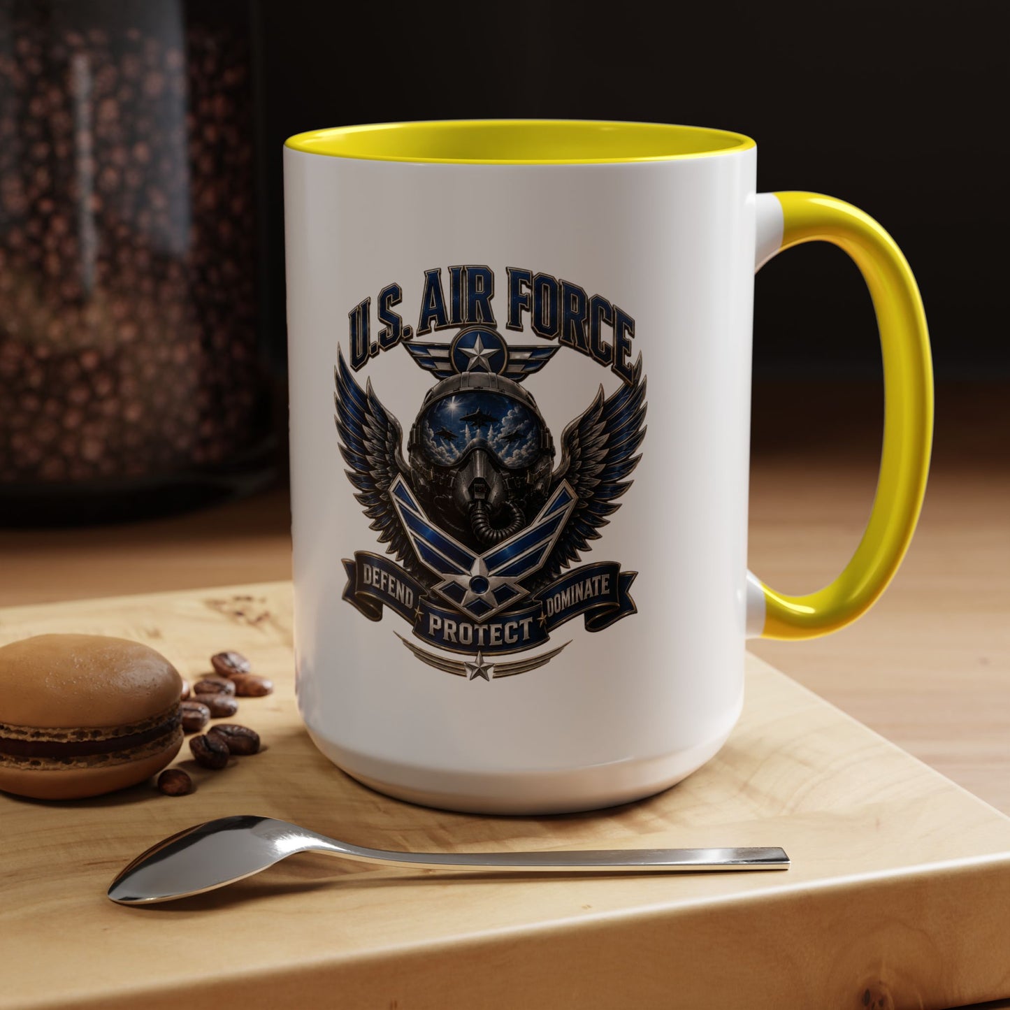 U.S. Air Force Emblem Accent Coffee Mug — Defend Protect Dominate (11/15oz)